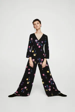 16118 Black Wide Leg Floral Jumpsuit