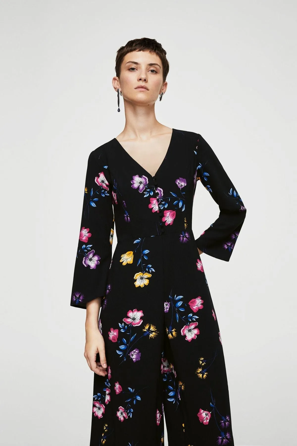 16118 Black Wide Leg Floral Jumpsuit