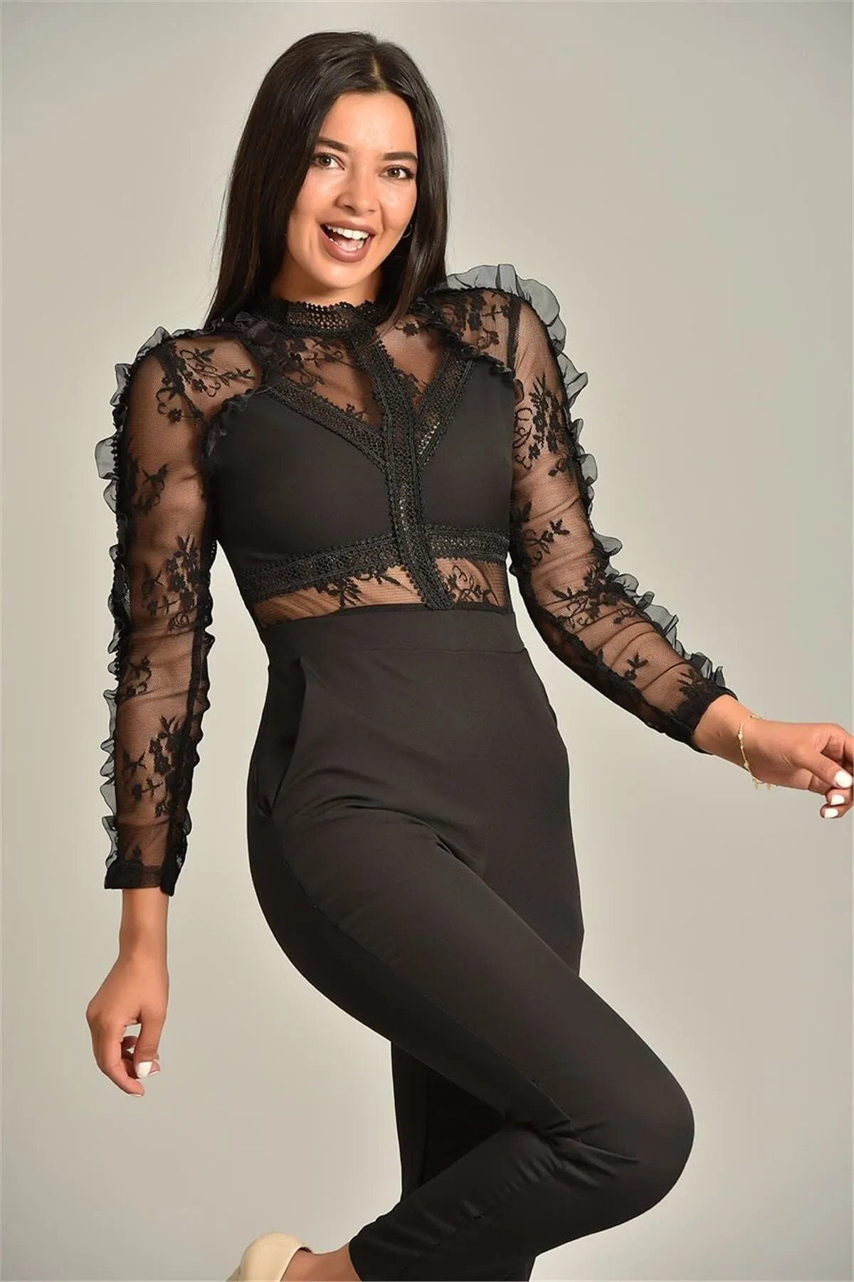 16155 Black Transparent Tulle Jumpsuit