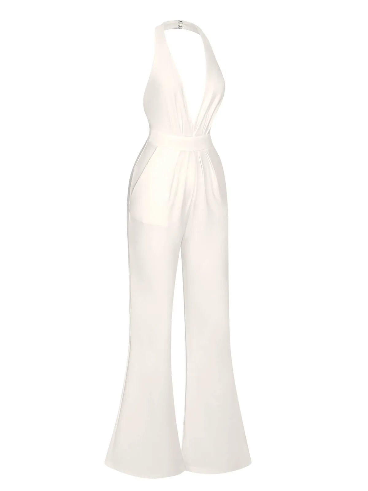 1930s Solid Deep V-Neck Halter Jumpsuit