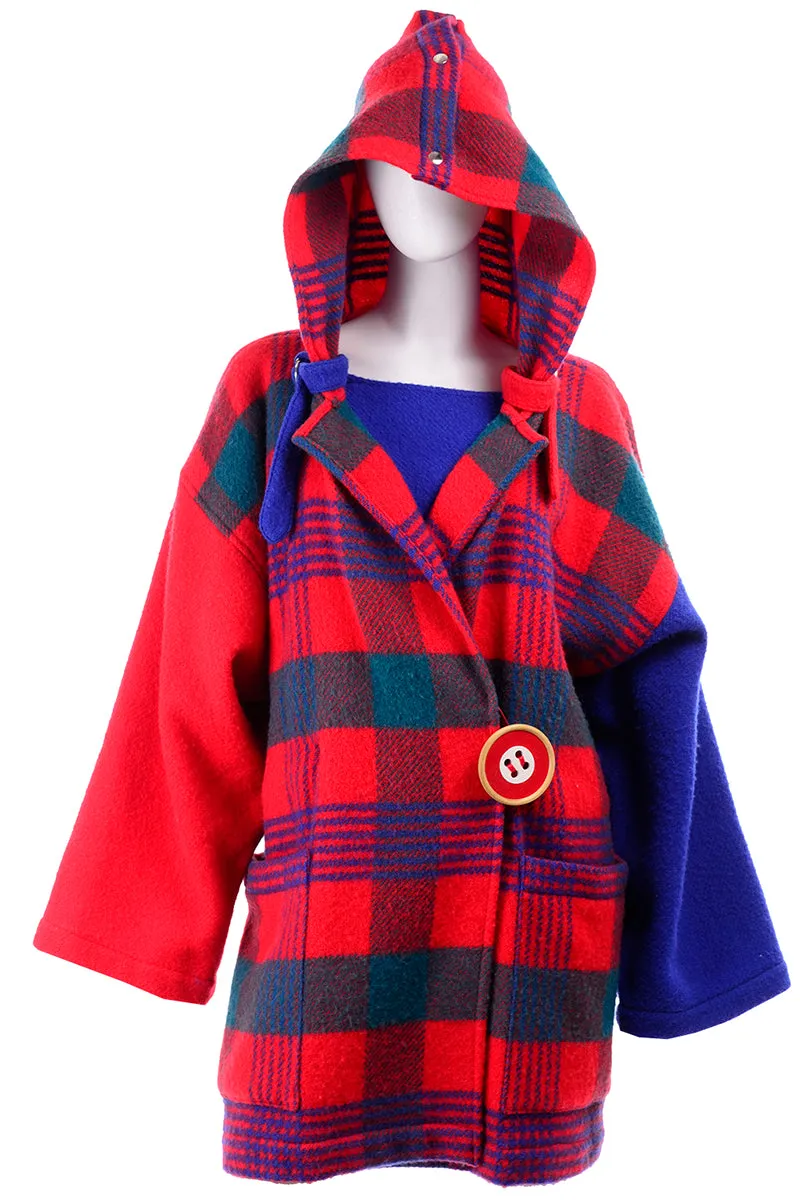 1980s Jean Charles de Castelbajac Red & Blue Plaid Vintage Blanket Coat