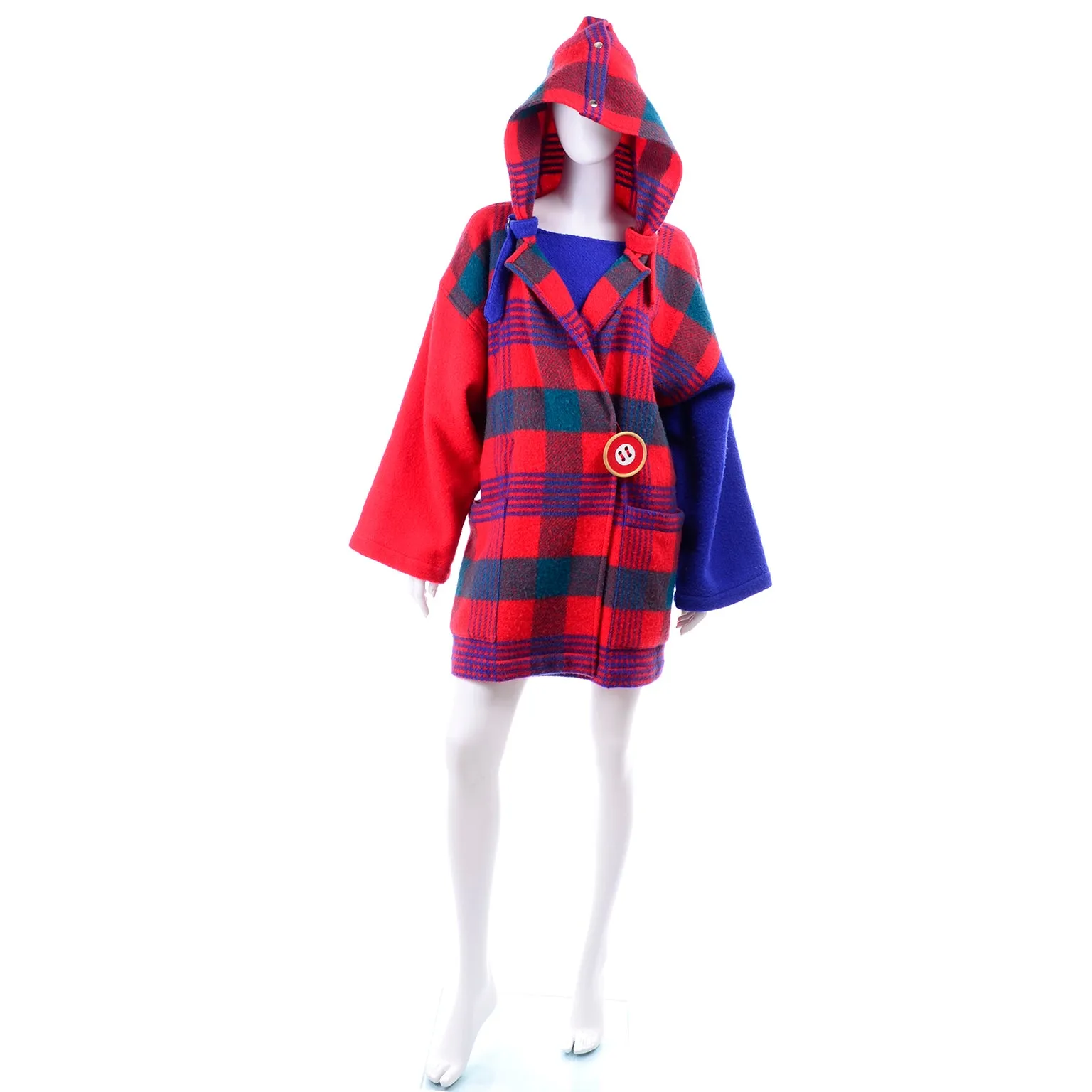 1980s Jean Charles de Castelbajac Red & Blue Plaid Vintage Blanket Coat