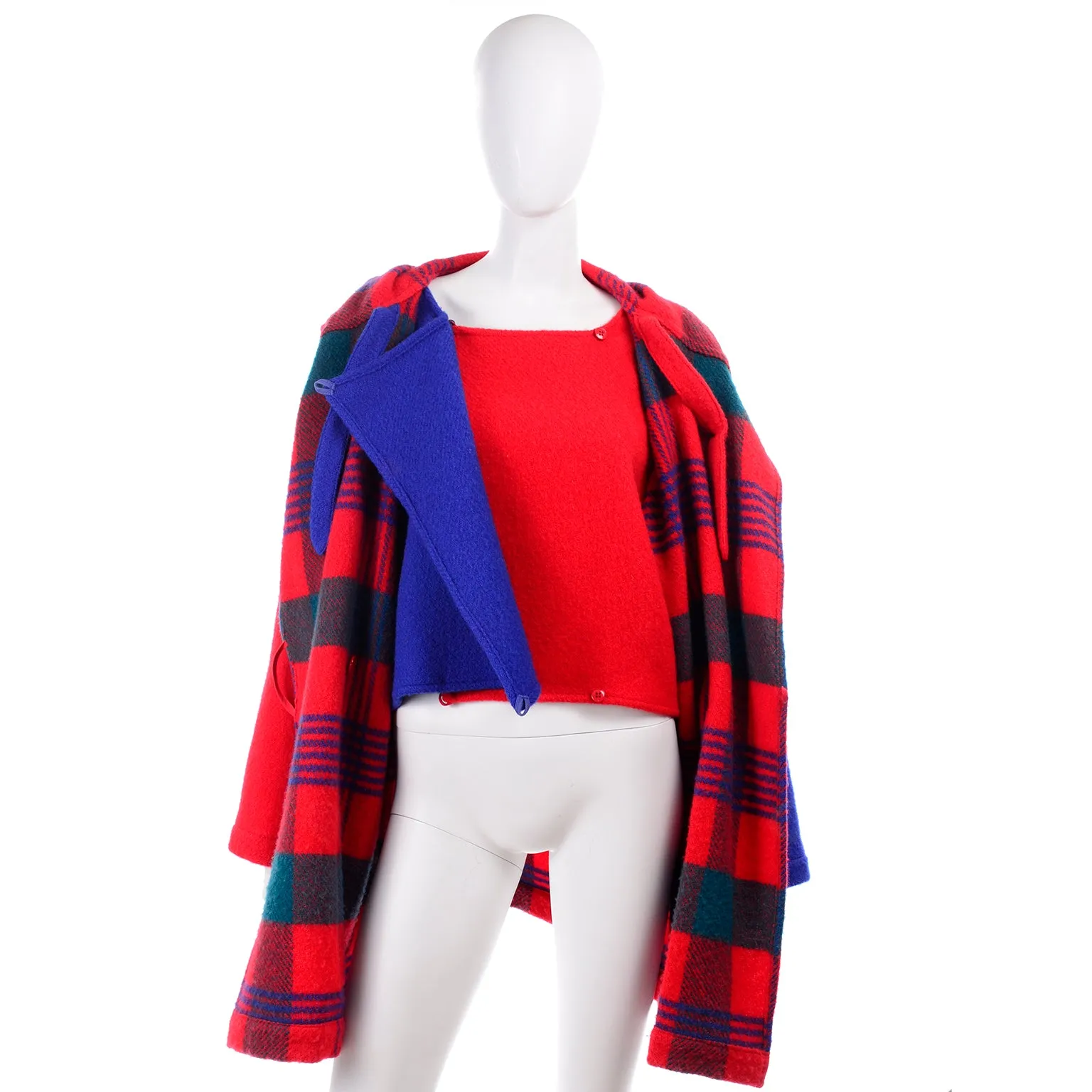 1980s Jean Charles de Castelbajac Red & Blue Plaid Vintage Blanket Coat