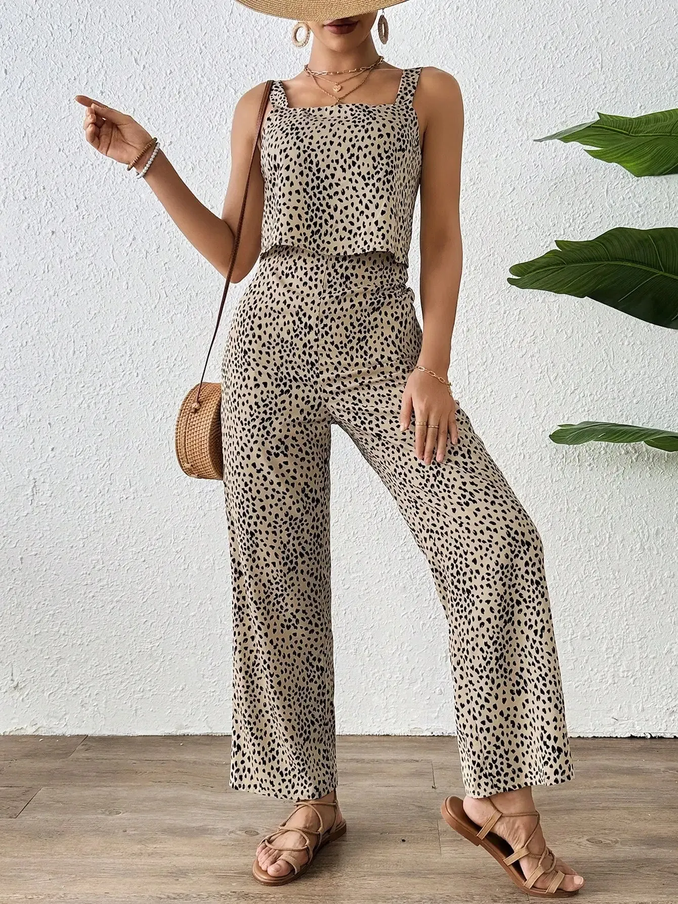 2024 New Fashion Design Women's jumpsuit double layered suspender jumpsuit thick shoulder strap printed long casual style