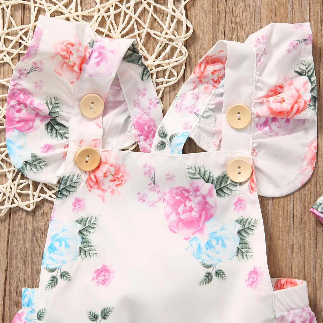 2pcs Frill Sleeve Floral Romper