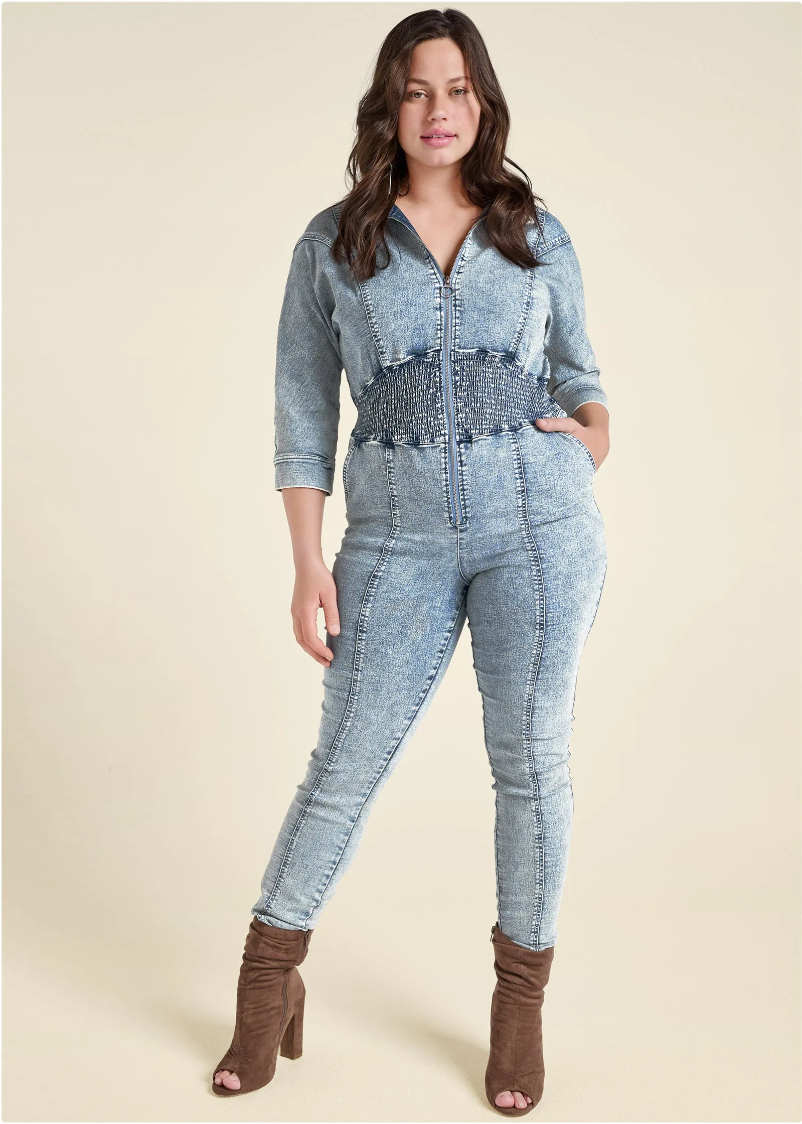 Acid Wash Smocked Jumpsuit - Cool Wash