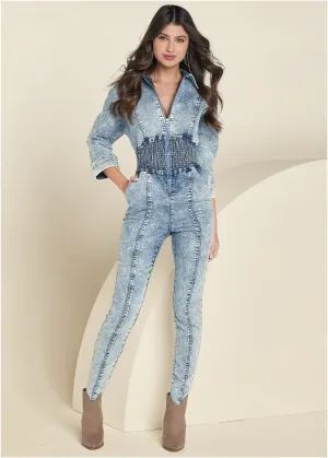 Acid Wash Smocked Jumpsuit - Cool Wash