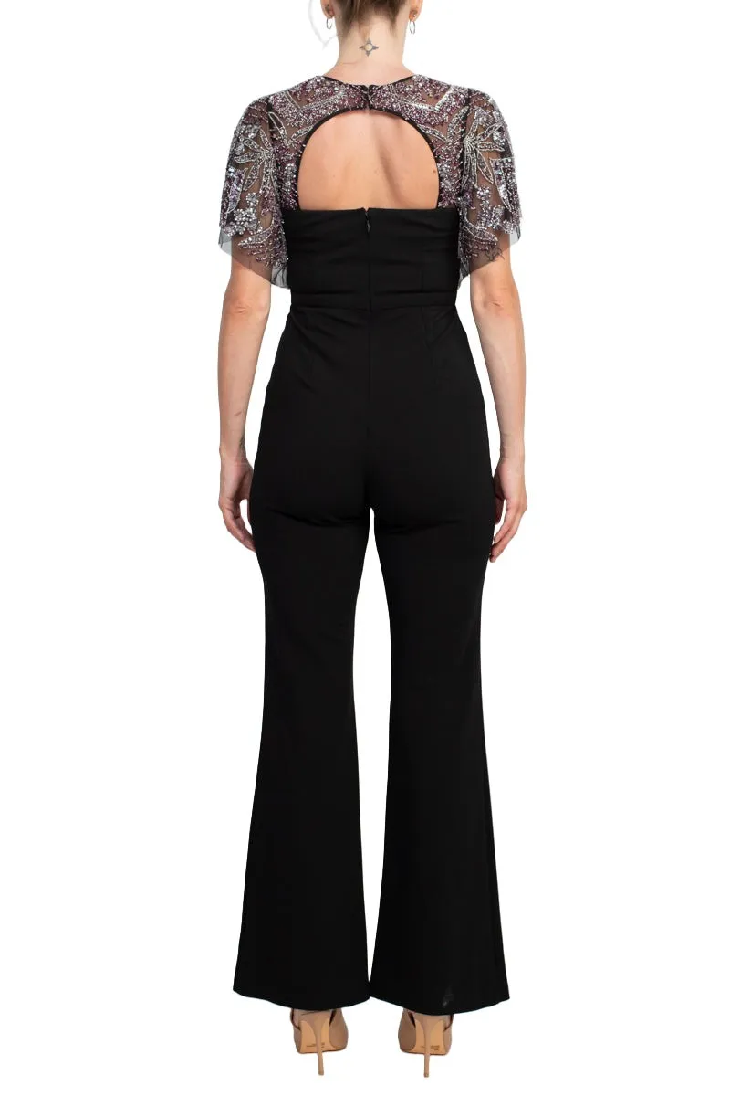 Aidan Mattox Crew Neck Cutout Front Short Sleeve Cutout Back Embellished Mesh Bodice Crepe Jumpsuit