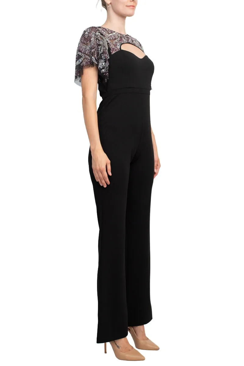 Aidan Mattox Crew Neck Cutout Front Short Sleeve Cutout Back Embellished Mesh Bodice Crepe Jumpsuit