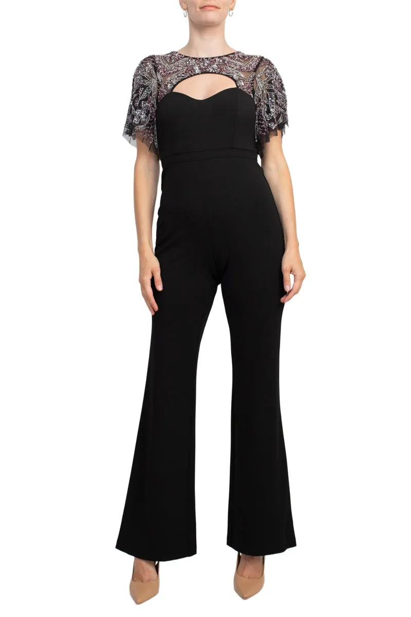 Aidan Mattox Crew Neck Cutout Front Short Sleeve Cutout Back Embellished Mesh Bodice Crepe Jumpsuit