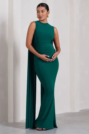 Allora | Bottle Green High-Neck Sleeveless Cape Maternity Maxi Dress