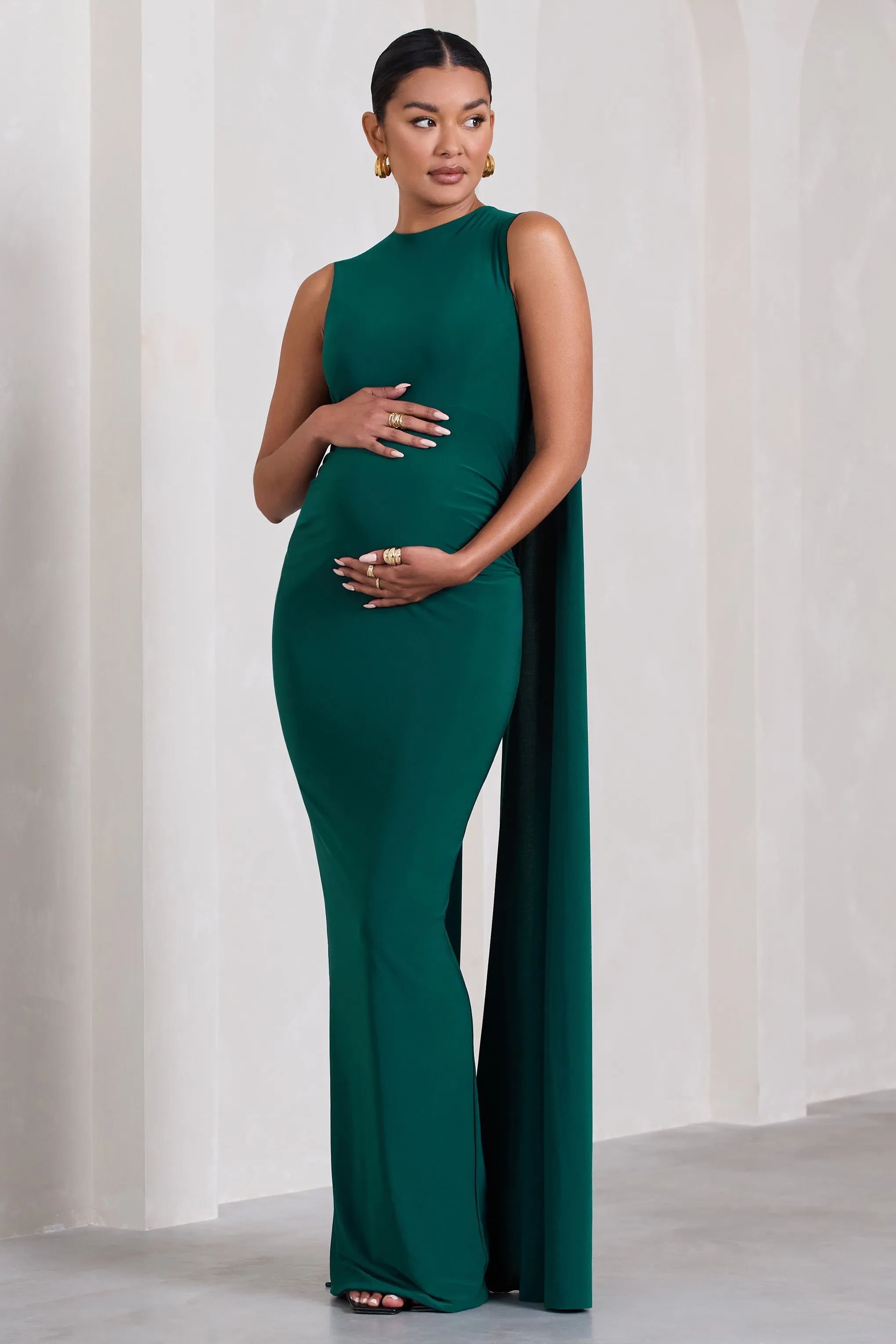 Allora | Bottle Green High-Neck Sleeveless Cape Maternity Maxi Dress