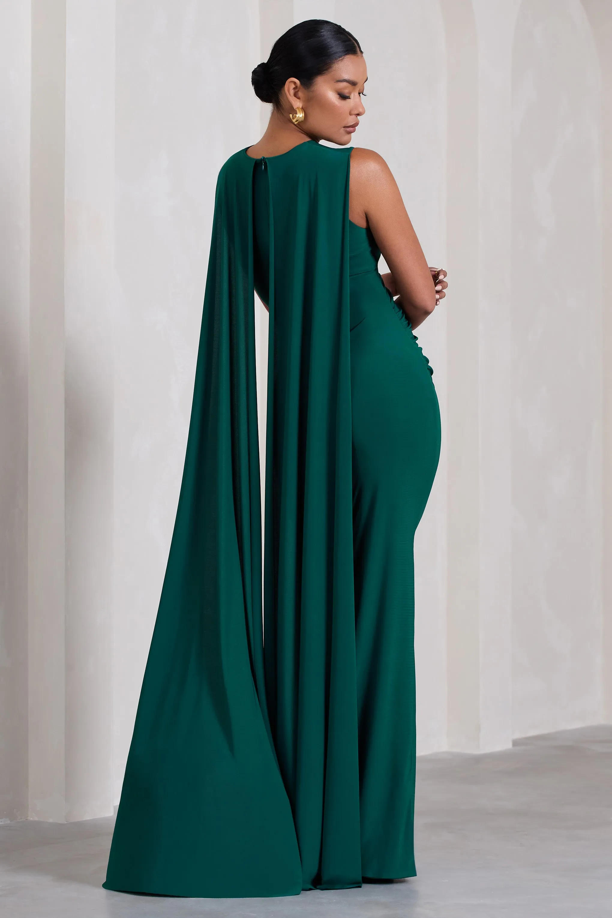 Allora | Bottle Green High-Neck Sleeveless Cape Maternity Maxi Dress