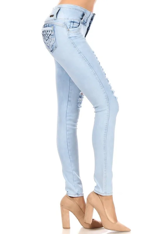 Amy Distressed High Waist Jeans W/ Woven Pockets