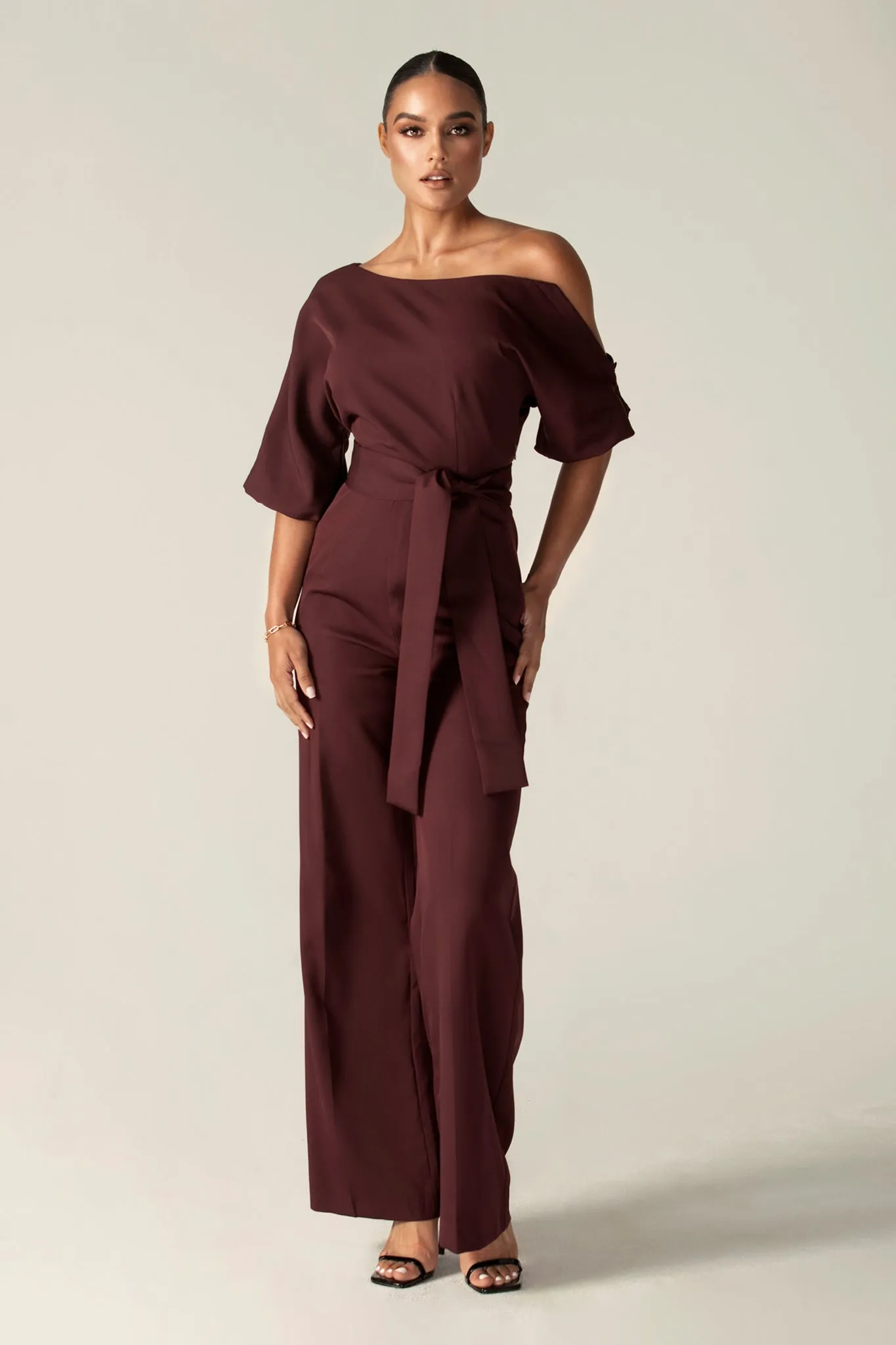 Ana Off Shoulder Belted Jumpsuit (Black Cherry)