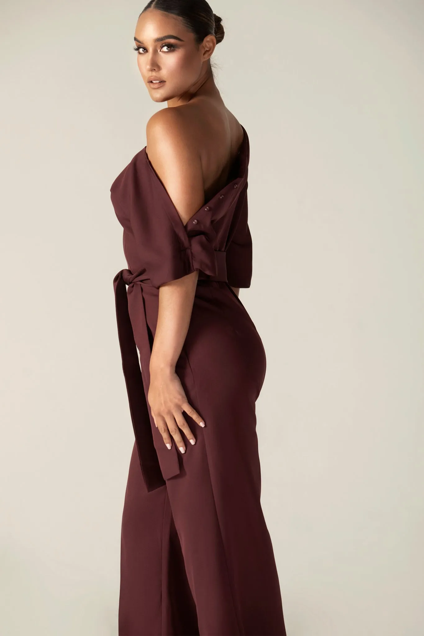 Ana Off Shoulder Belted Jumpsuit (Black Cherry)