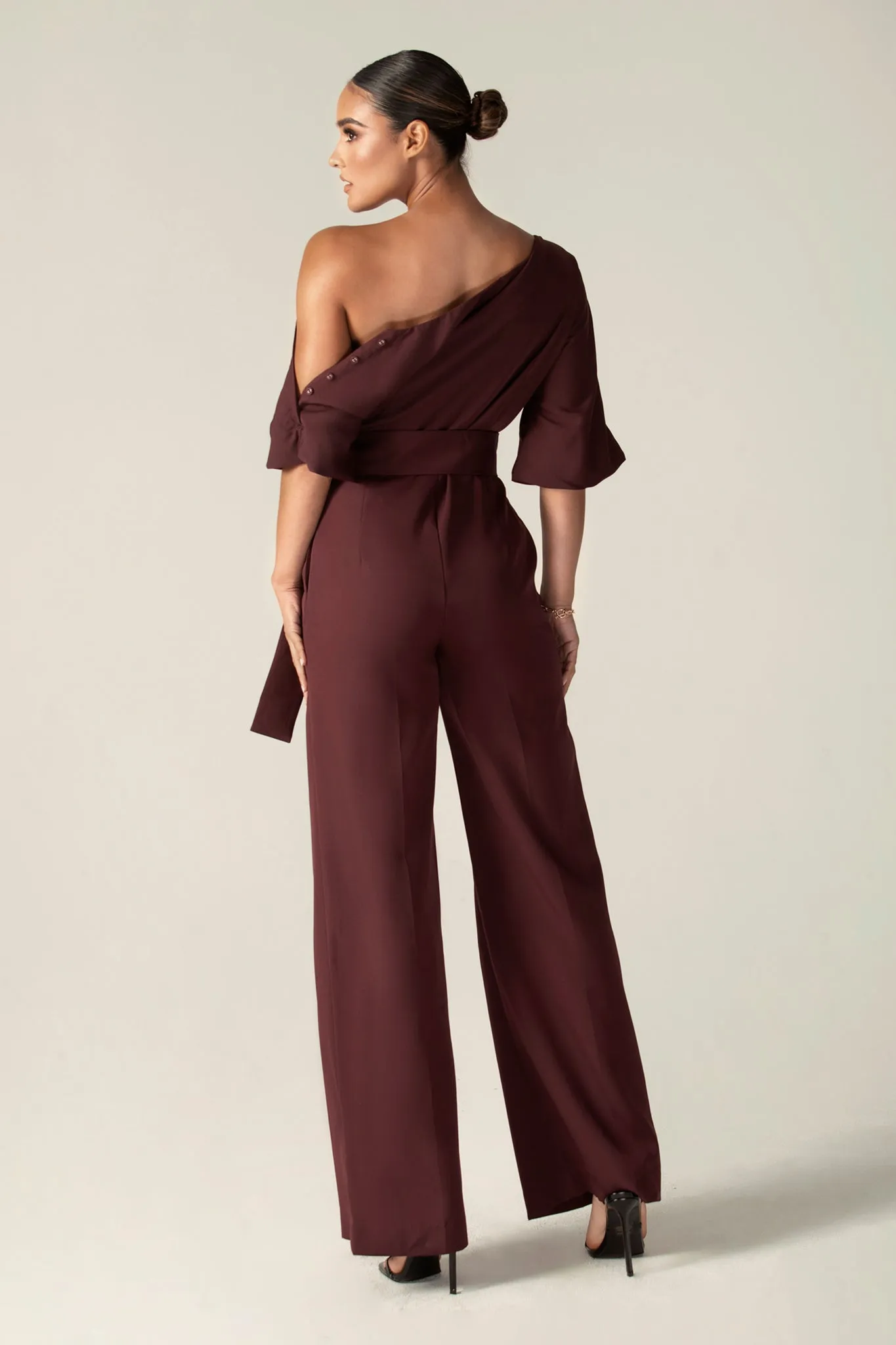 Ana Off Shoulder Belted Jumpsuit (Black Cherry)