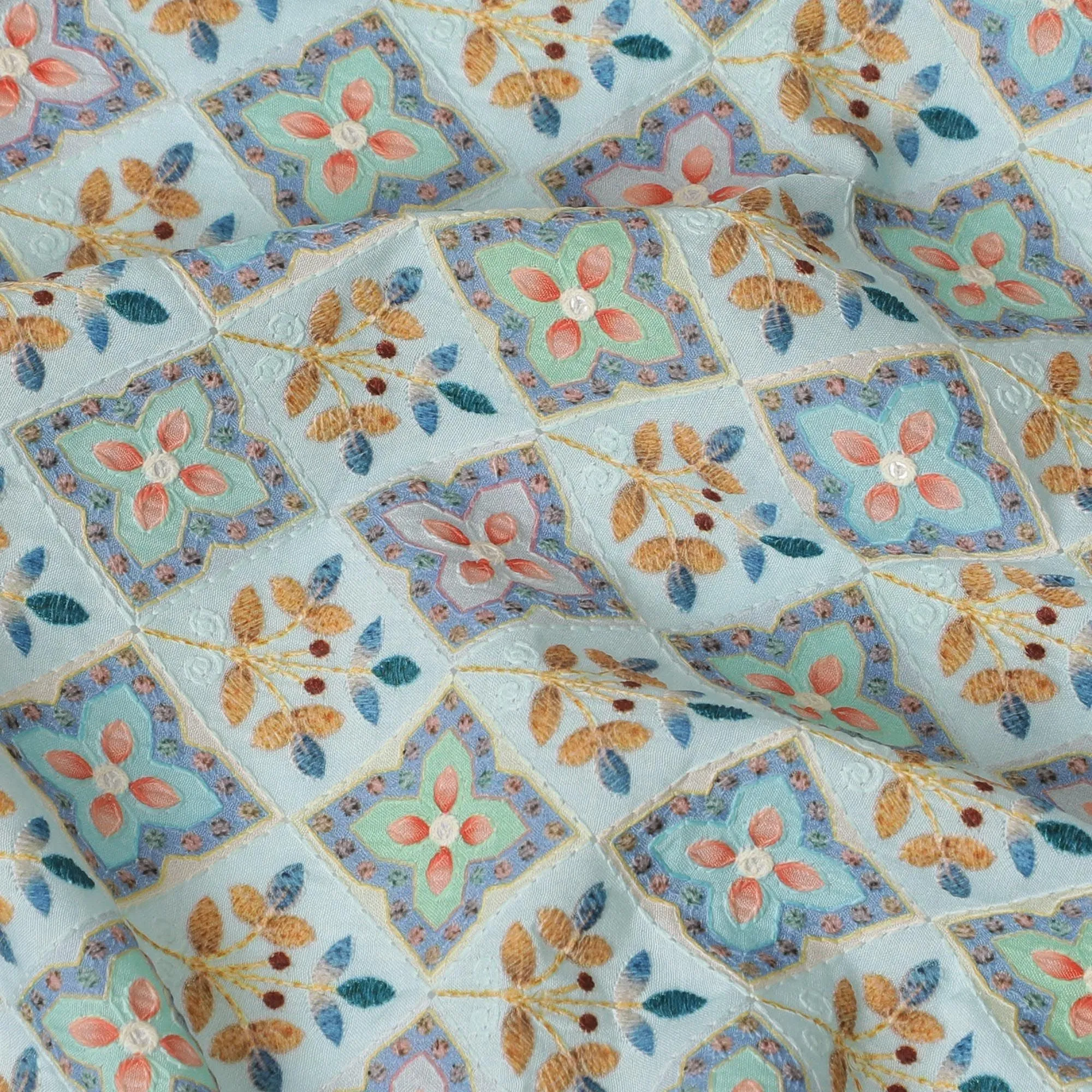 Artisanal Cotton Voile Fabric with Delicate Embroidery - Pastel Mosaic, 110cm Width-D18748