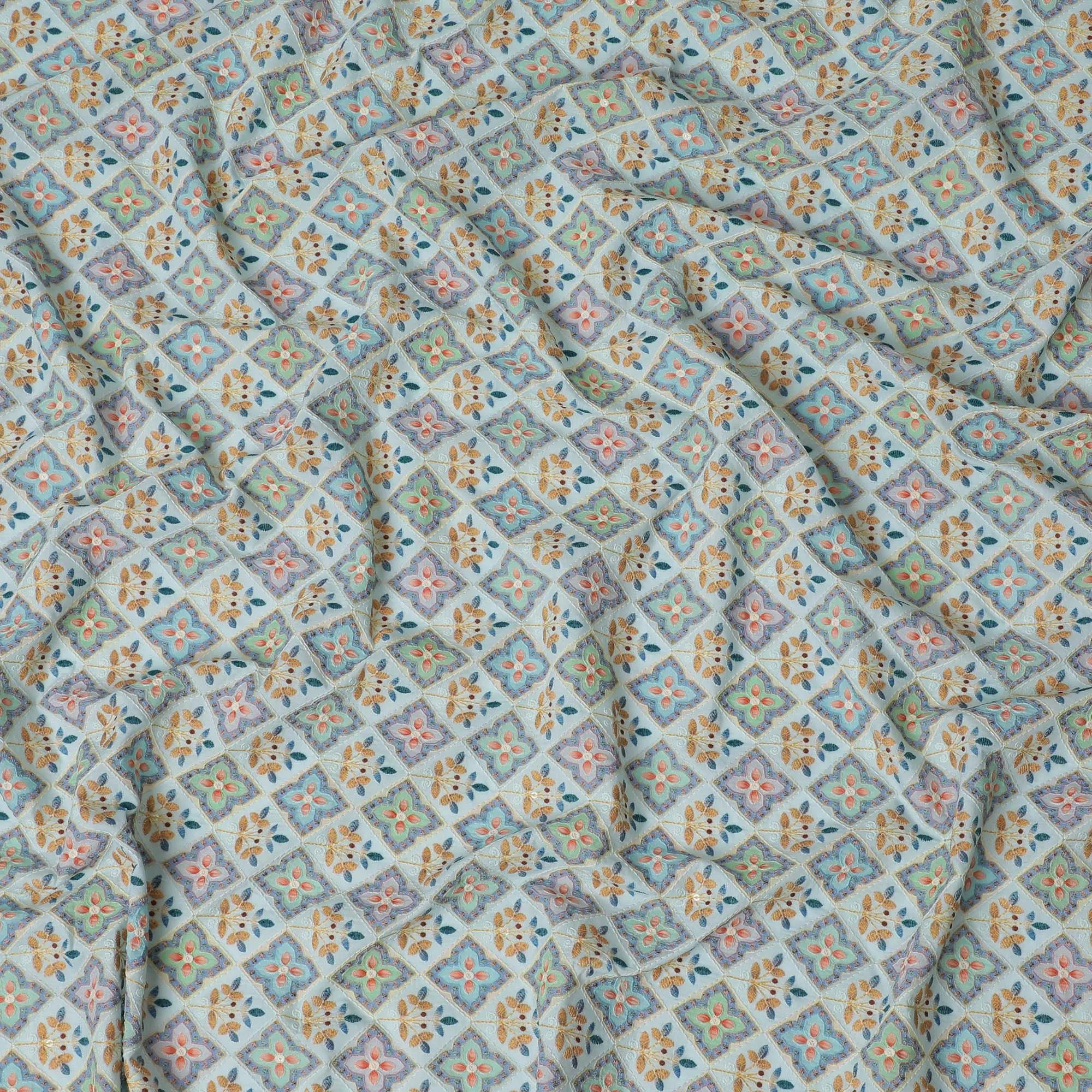 Artisanal Cotton Voile Fabric with Delicate Embroidery - Pastel Mosaic, 110cm Width-D18748