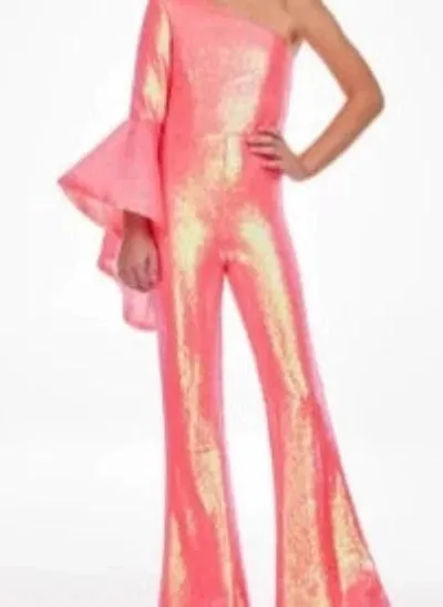 Ashley Lauren 11047 Size 6 Coral One Long Bell Sleeve Sequin Jumpsuit Pageant Wear