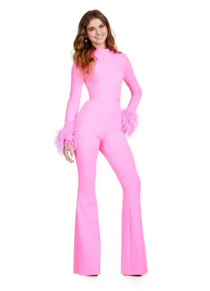 Ashley Lauren 11441 Prom Scuba Jumpsuit Open Back and Feathers Formal