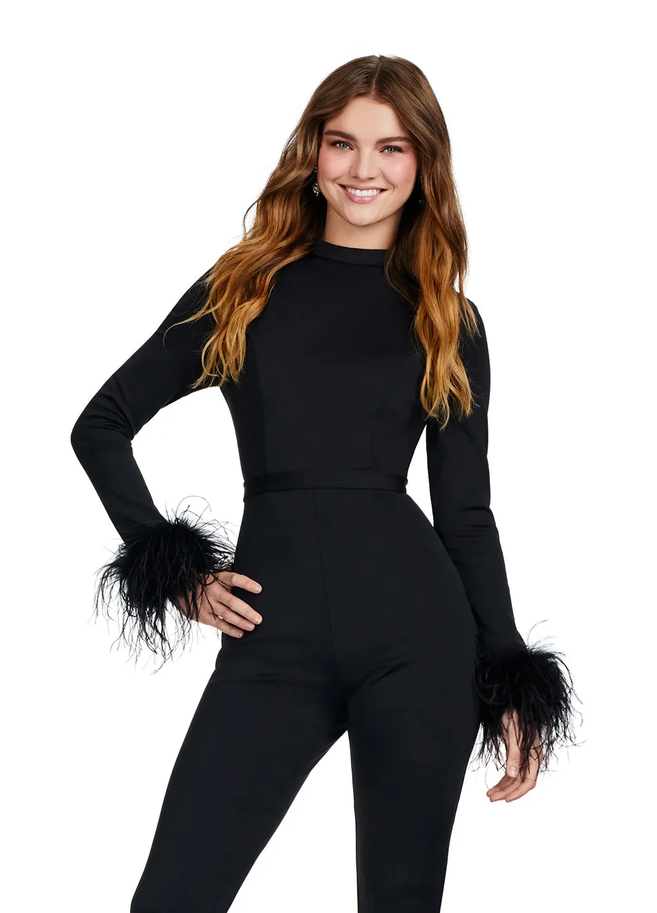 Ashley Lauren 11441 Prom Scuba Jumpsuit Open Back and Feathers Formal