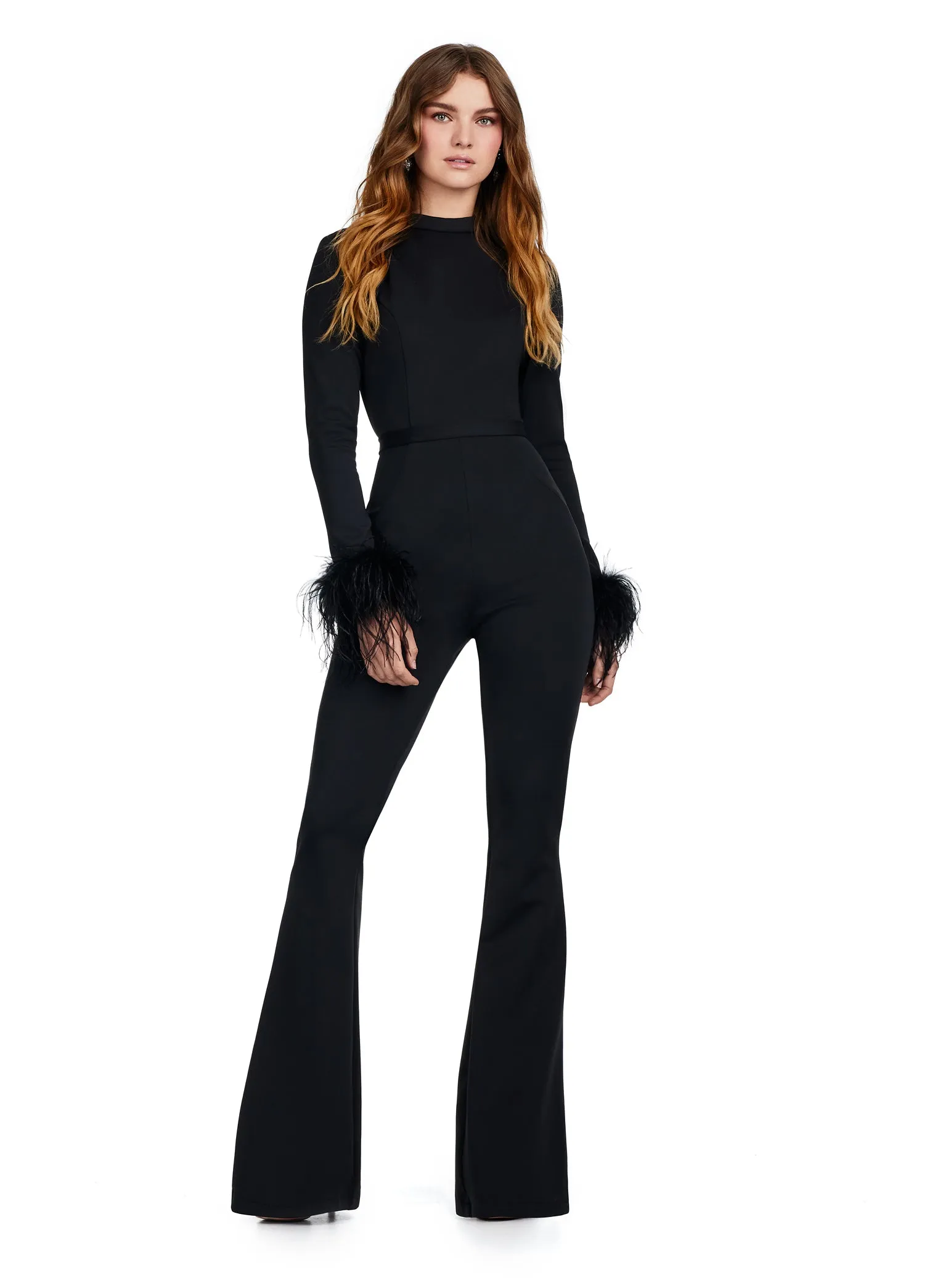 Ashley Lauren 11441 Prom Scuba Jumpsuit Open Back and Feathers Formal