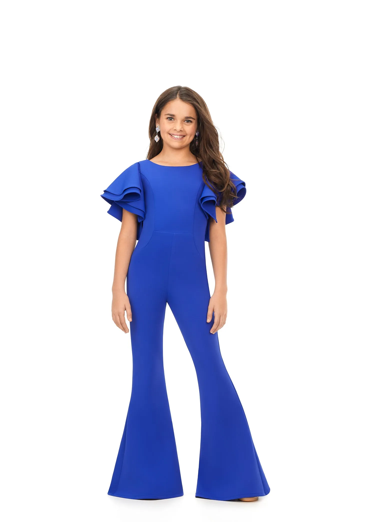 Ashley Lauren Kids 8156 Girls Crew neck jumpsuit with ruffle sleeves