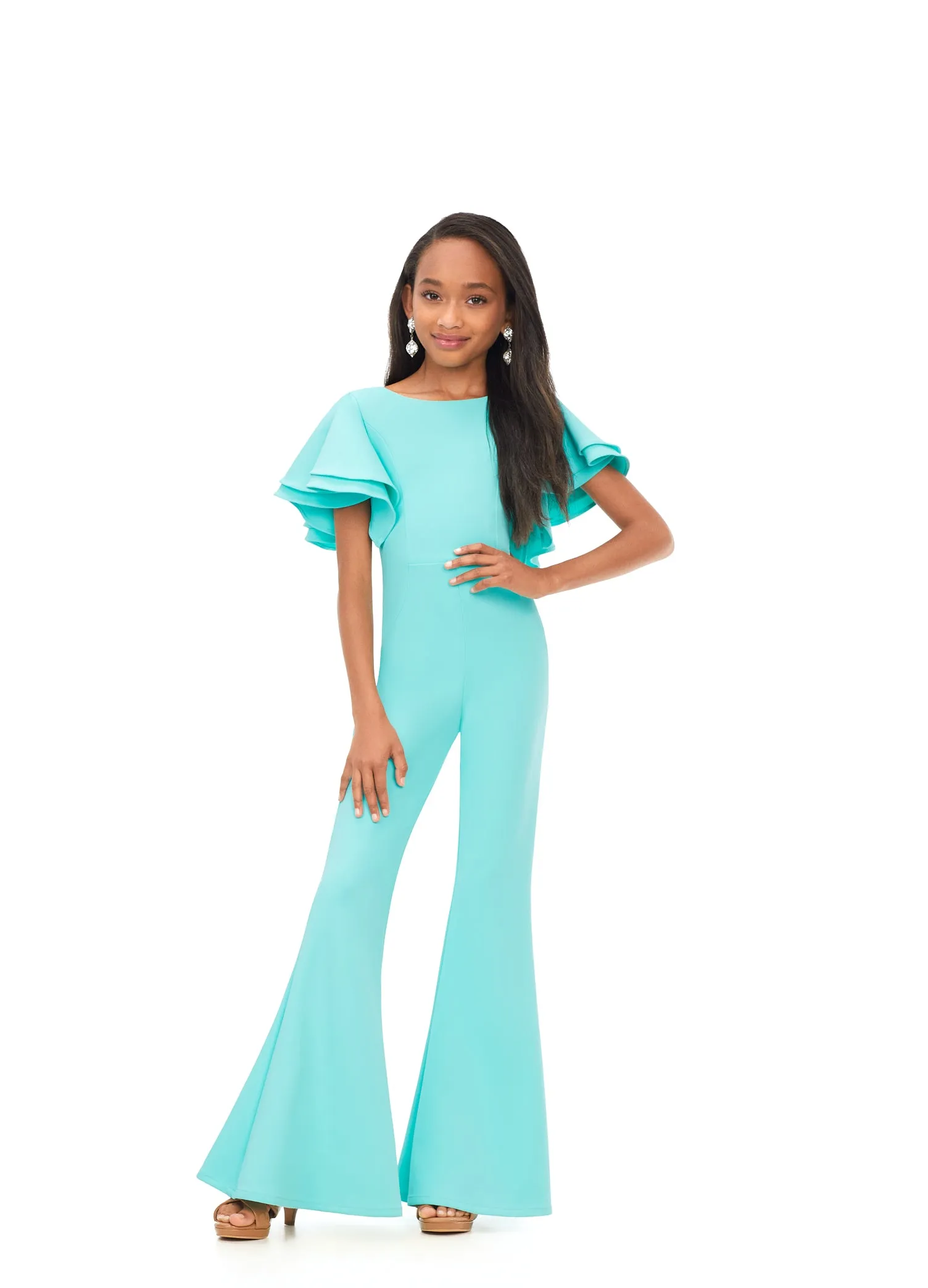 Ashley Lauren Kids 8156 Girls Crew neck jumpsuit with ruffle sleeves