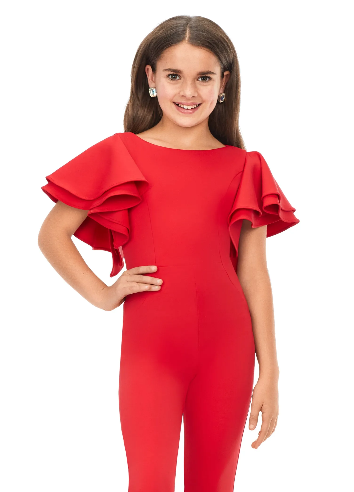 Ashley Lauren Kids 8156 Girls Crew neck jumpsuit with ruffle sleeves