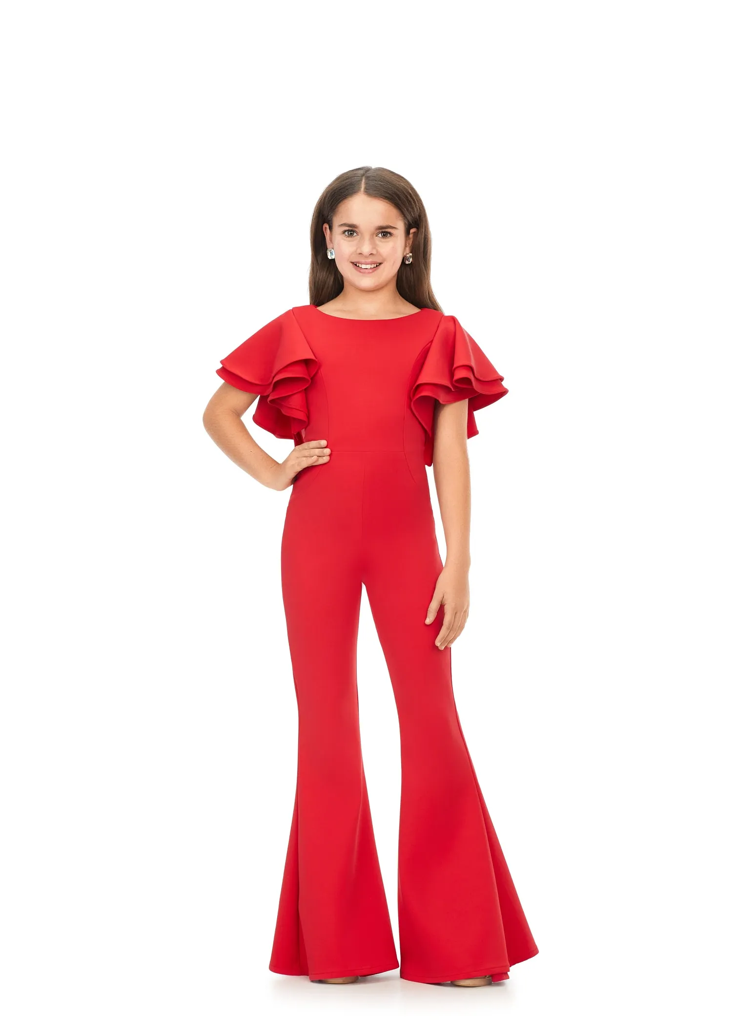 Ashley Lauren Kids 8156 Girls Crew neck jumpsuit with ruffle sleeves