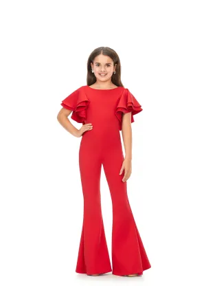 Ashley Lauren Kids 8156 Girls Crew neck jumpsuit with ruffle sleeves