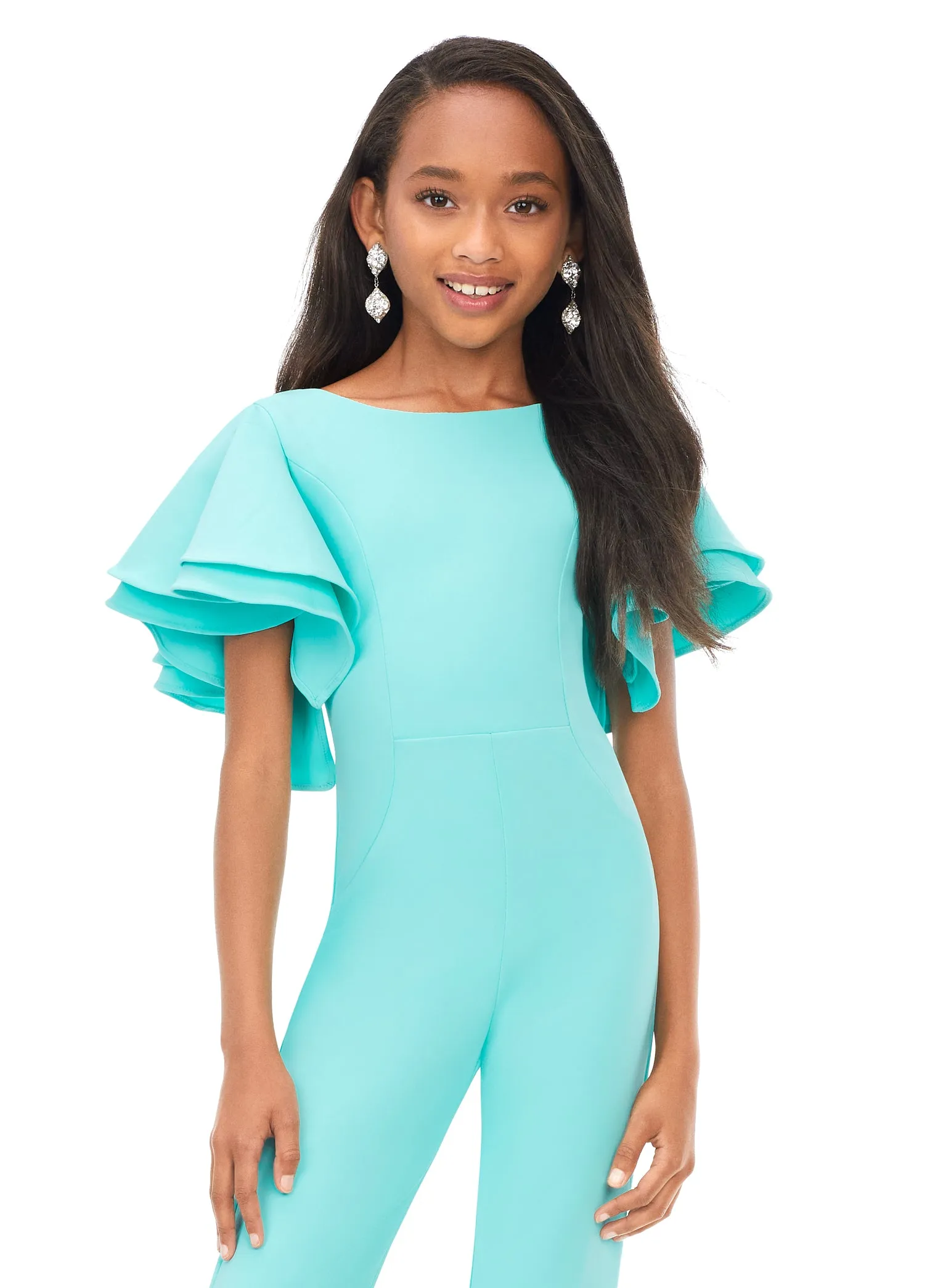 Ashley Lauren Kids 8156 Girls Crew neck jumpsuit with ruffle sleeves