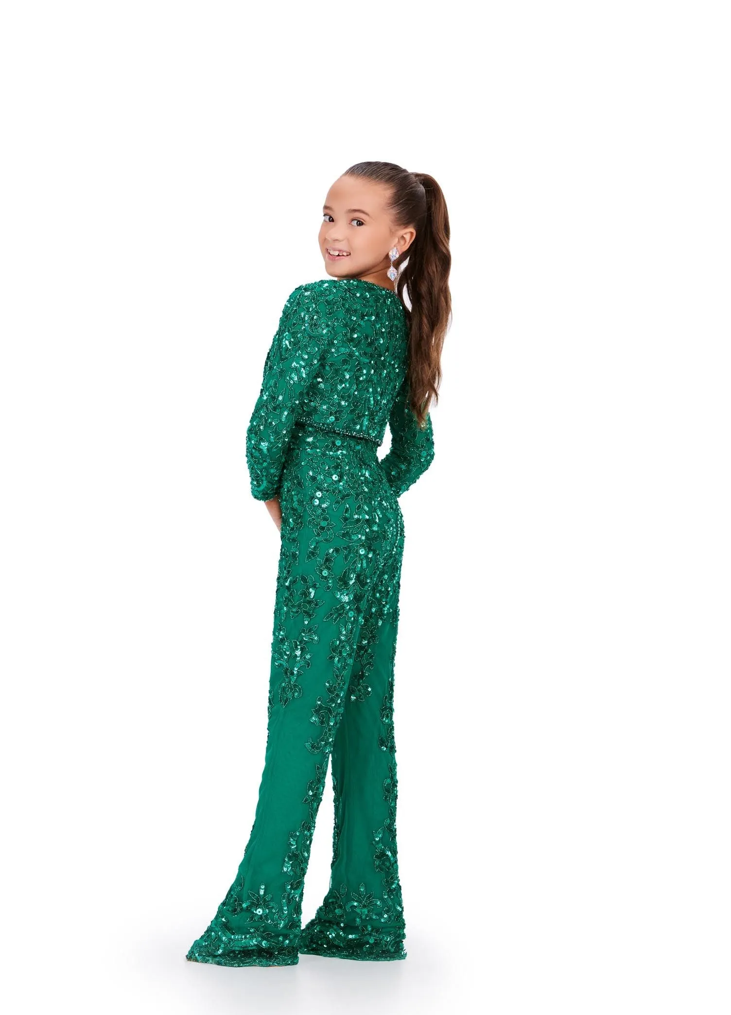 Ashley Lauren Kids 8232 Girls Beaded Pageant Jumpsuit Long sleeve Blazer Jacket Sequin Formal