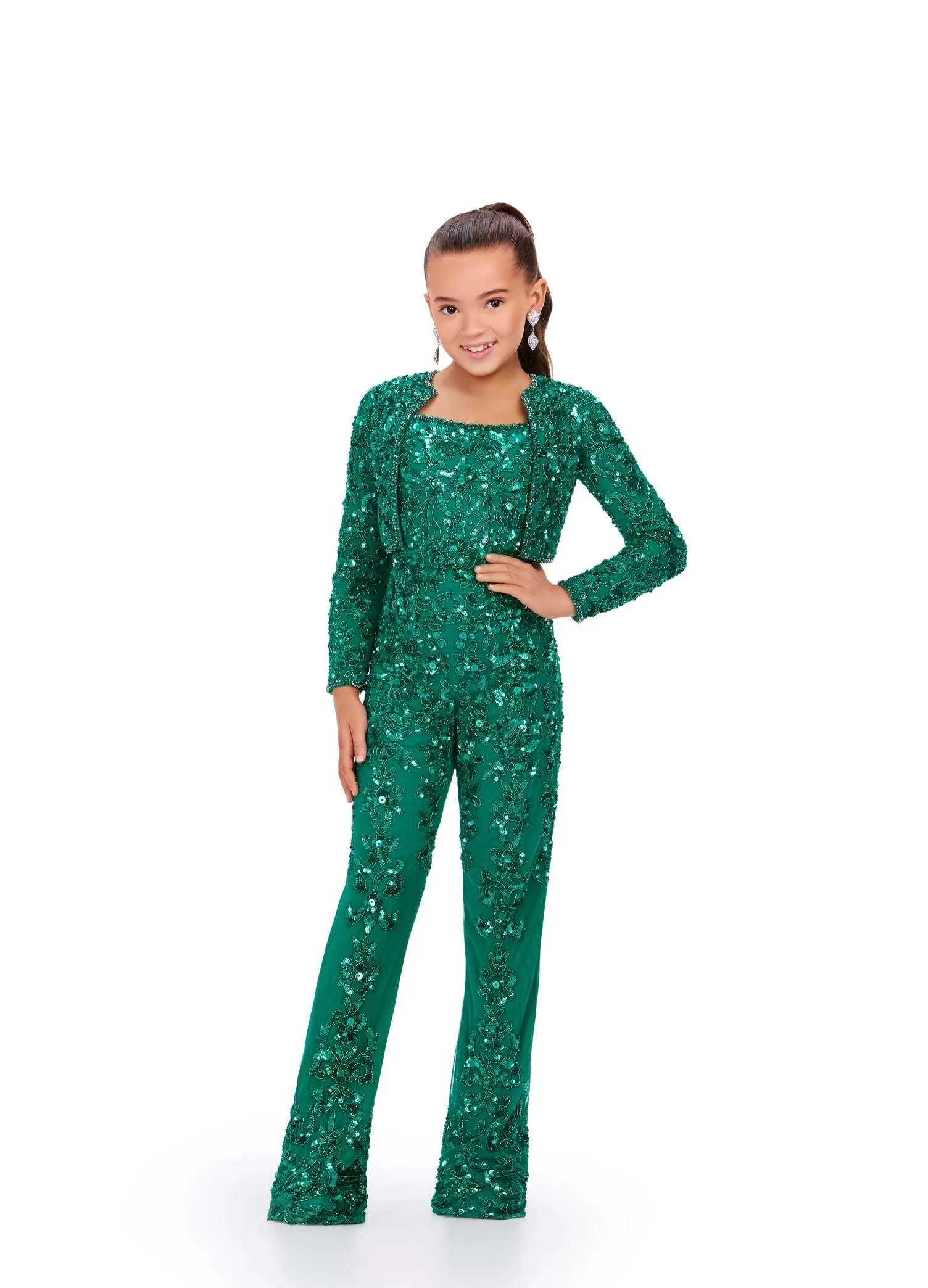 Ashley Lauren Kids 8232 Girls Beaded Pageant Jumpsuit Long sleeve Blazer Jacket Sequin Formal