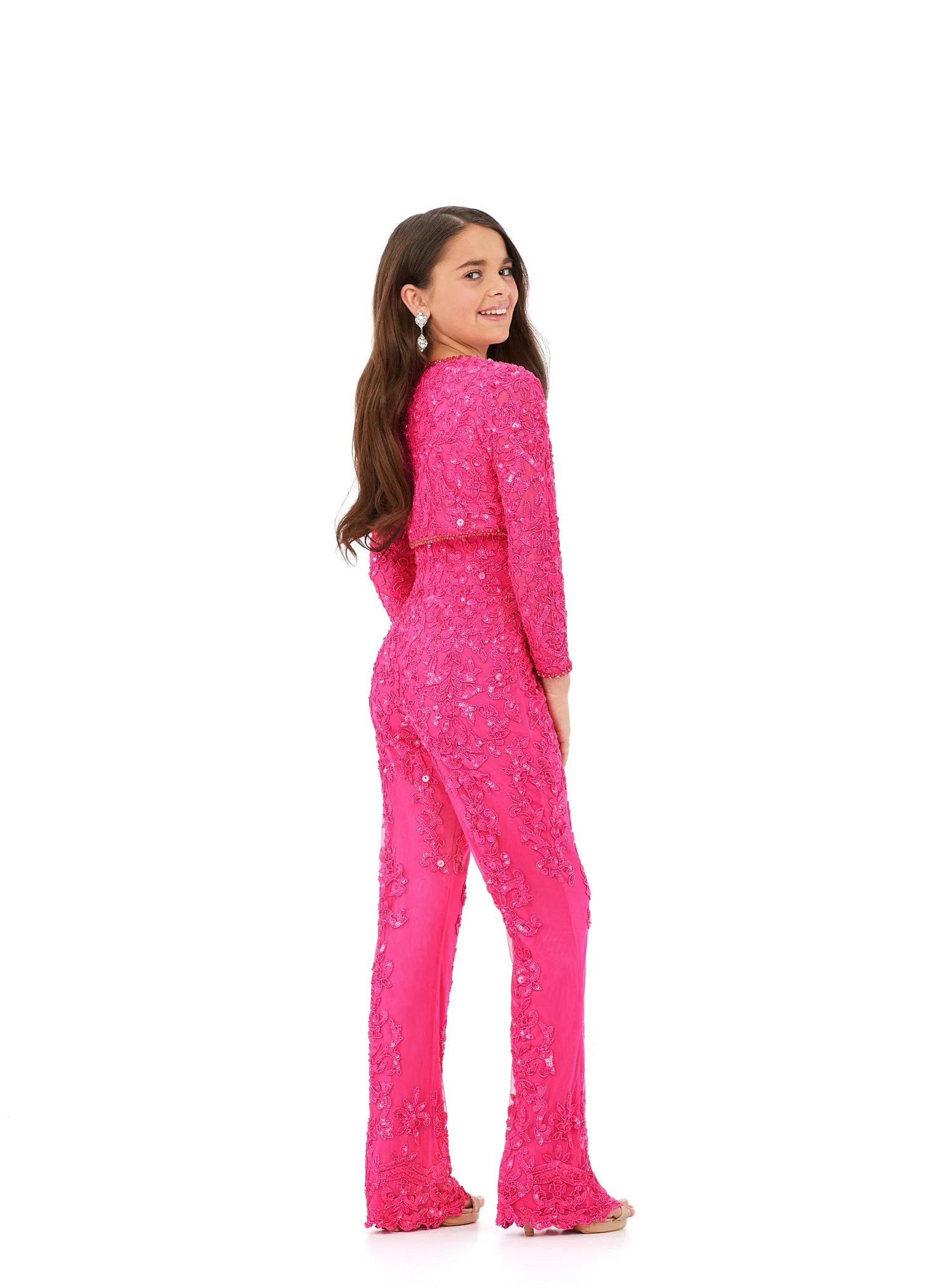 Ashley Lauren Kids 8232 Girls Beaded Pageant Jumpsuit Long sleeve Blazer Jacket Sequin Formal