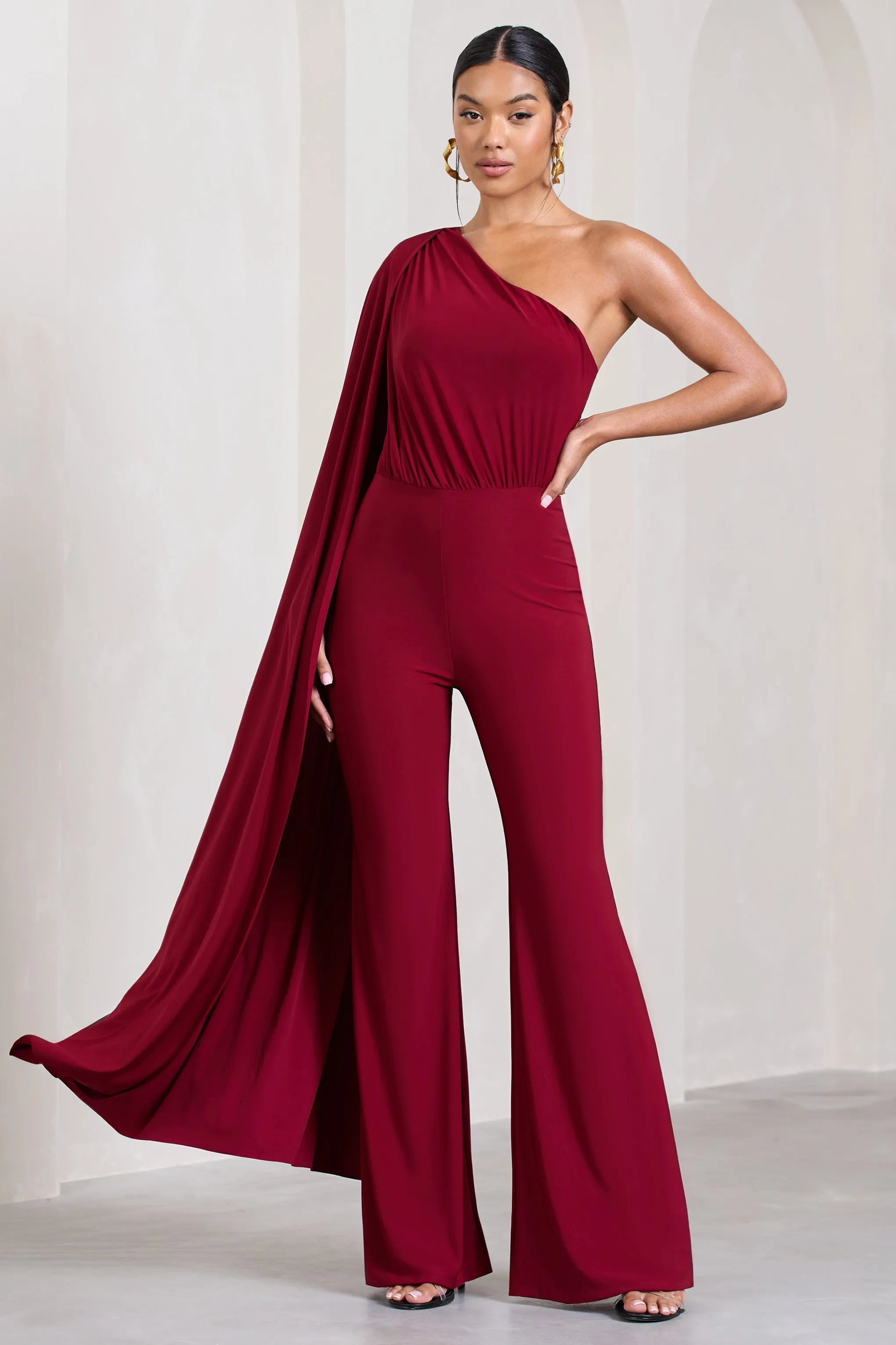 Aurora | Berry One Shoulder Cape Sleeve Jumpsuit