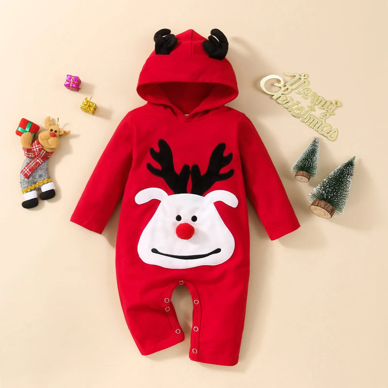 Baby Reindeer Long Sleeve Jumpsuit with Hood