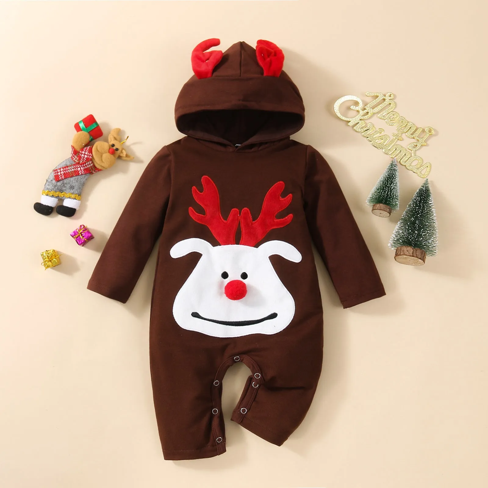 Baby Reindeer Long Sleeve Jumpsuit with Hood