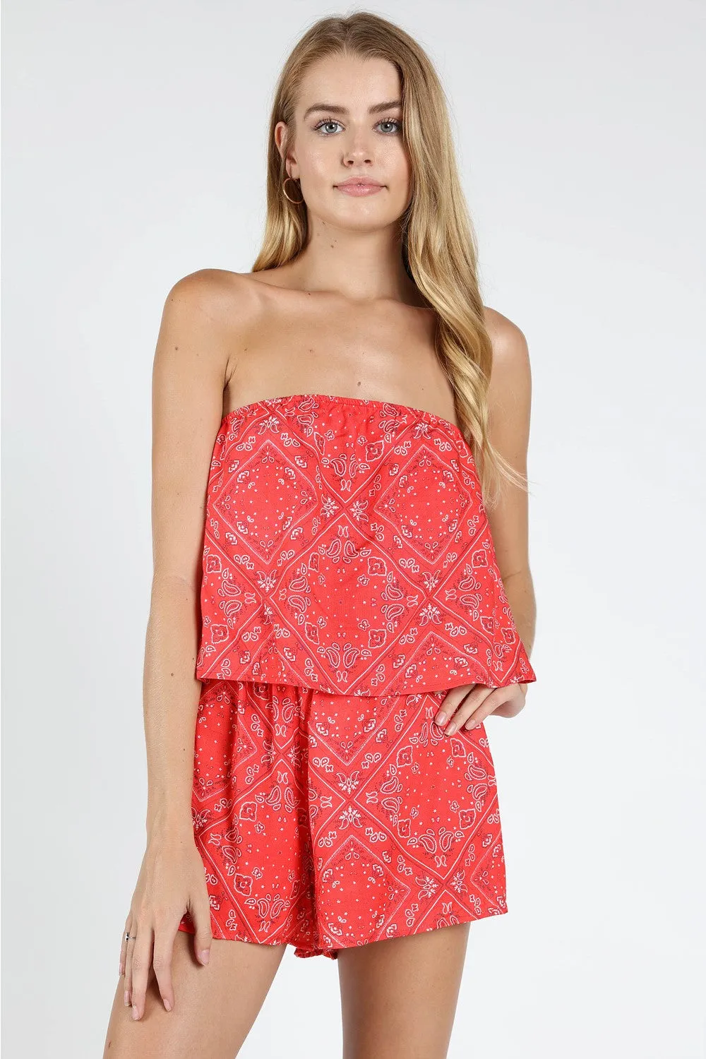 Bandana Strapless Romper, Red