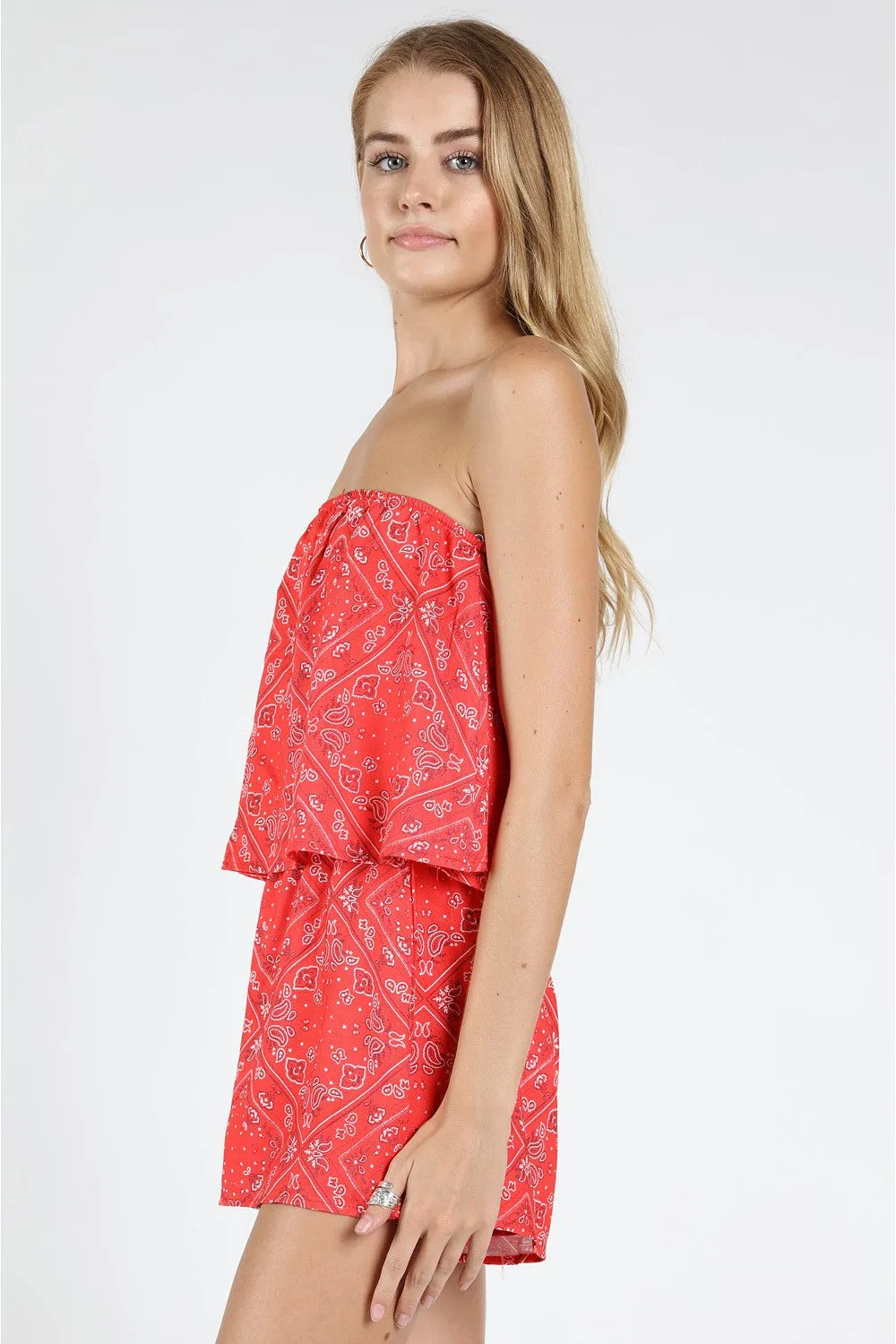 Bandana Strapless Romper, Red