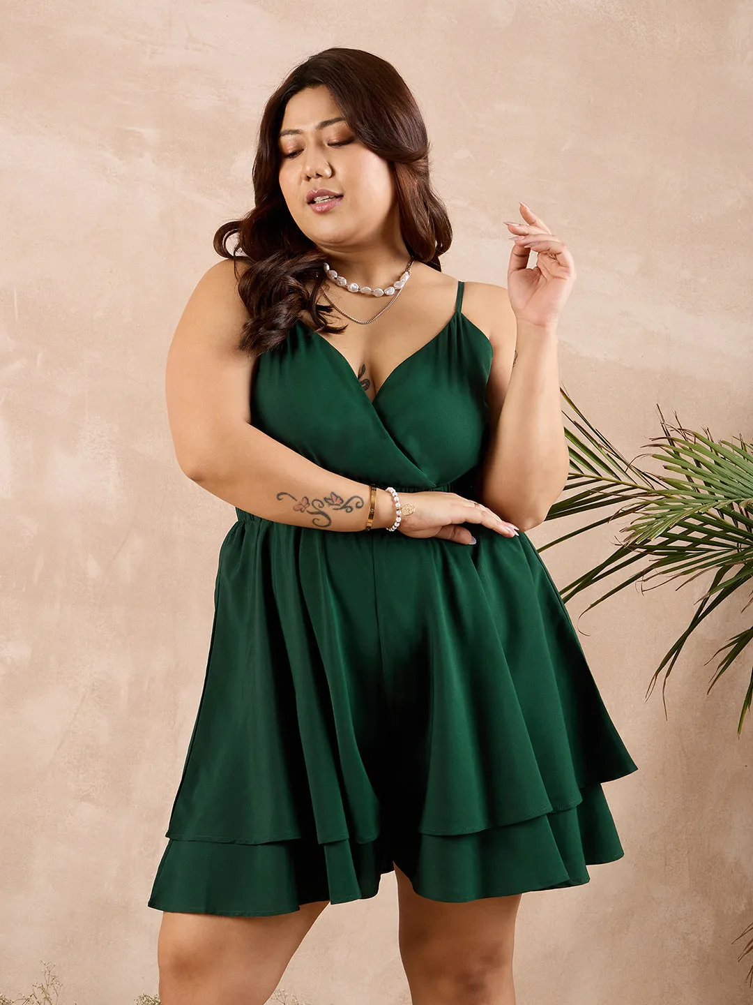 Berrylush Curve Women Solid Green V-Neck Sleeveless Elastic Waist Wrap Layered Mini Playsuit