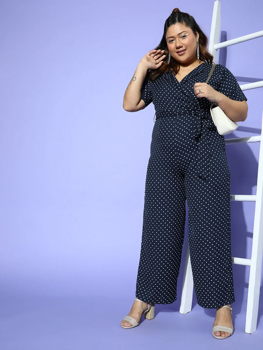 Berrylush Women Plus Size Blue & White Polka Dot Printed V-Neck Tie-Up Waist Layered Culotte Jumpsuit