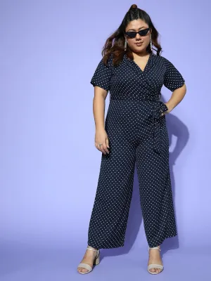 Berrylush Women Plus Size Blue & White Polka Dot Printed V-Neck Tie-Up Waist Layered Culotte Jumpsuit