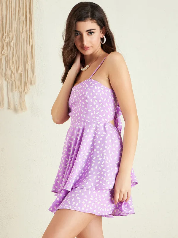 Berrylush Women Purple & White Abstract Polka Dot Printed V-Neck Sleeveless Back Tie-Up Cutout Layered Mini Jumpsuit