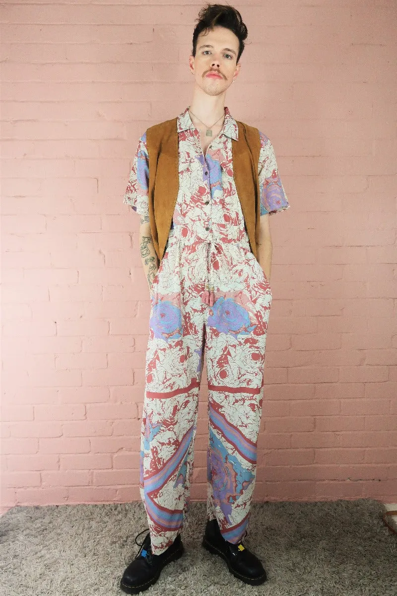 Billie Jumpsuit - Vintage Indian Sari - Marbled Ivory with Watercolour Lilac Rose - M/L