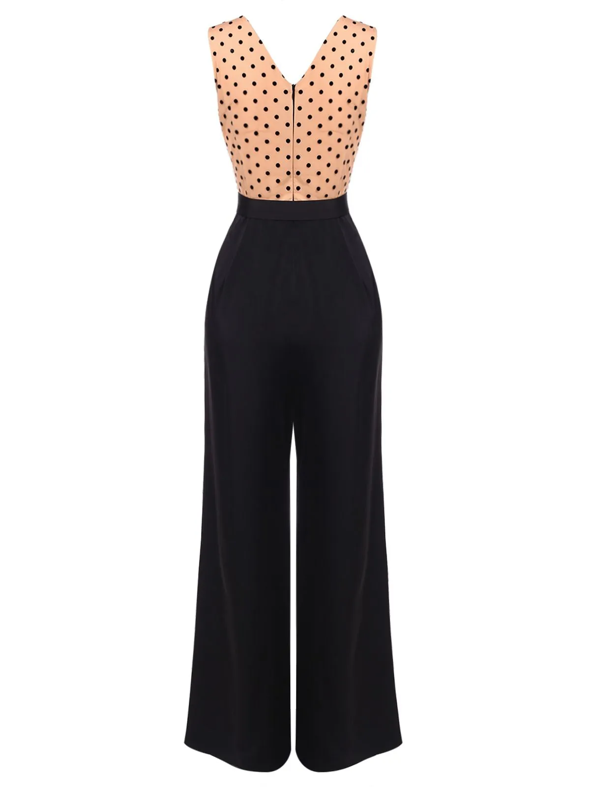 Black 1930s Polka Dot Patchwork Belt Jumpsuit