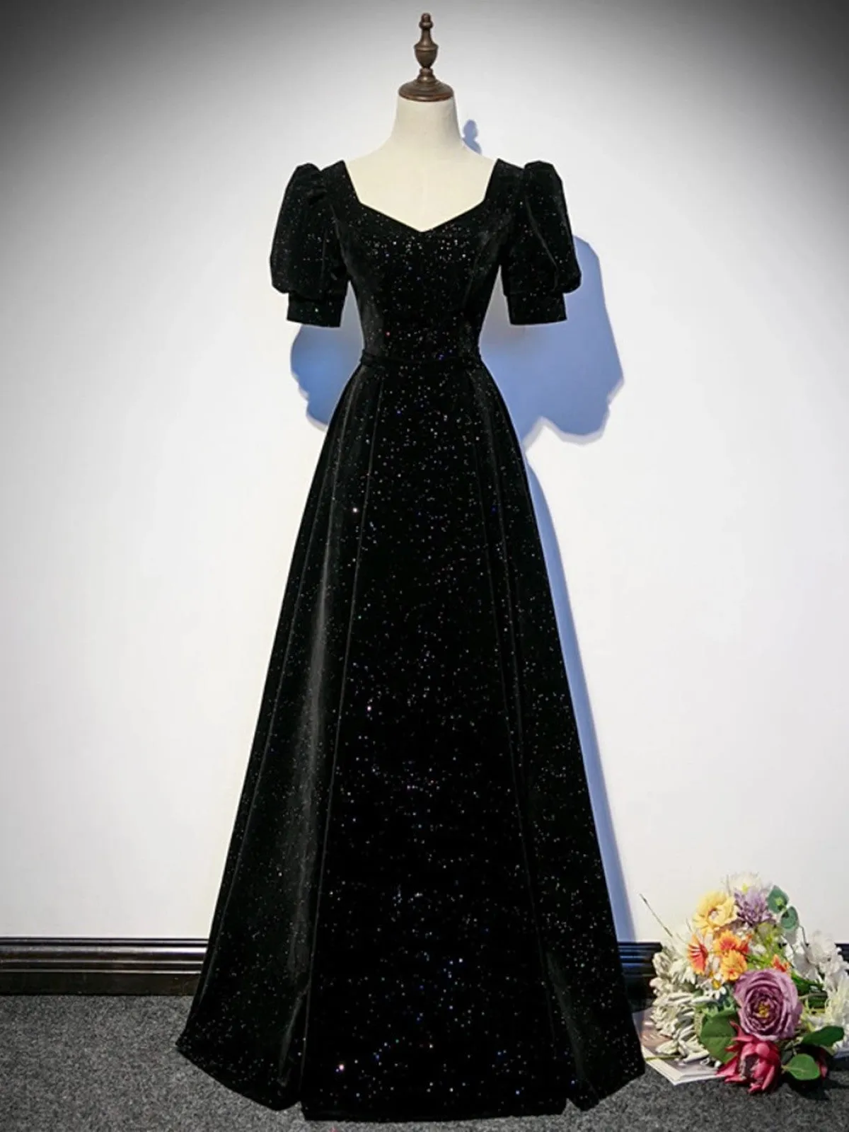 Black A-line Velvet Long Prom Dress Party Dress, Black Short Sleeves Prom Dress