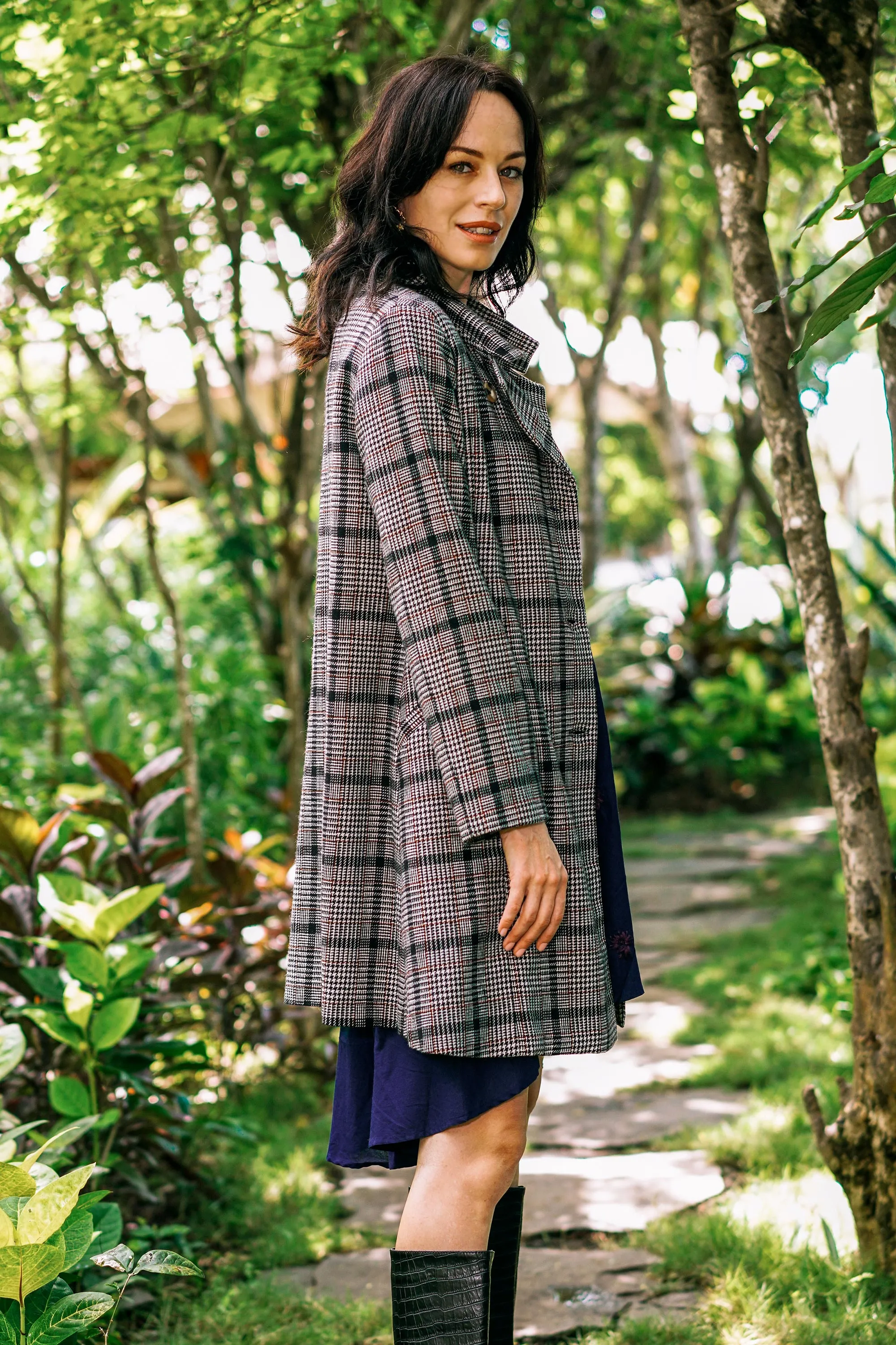 Black and White Glen Plaid Car Coat - Delhi Classic | NOVICA