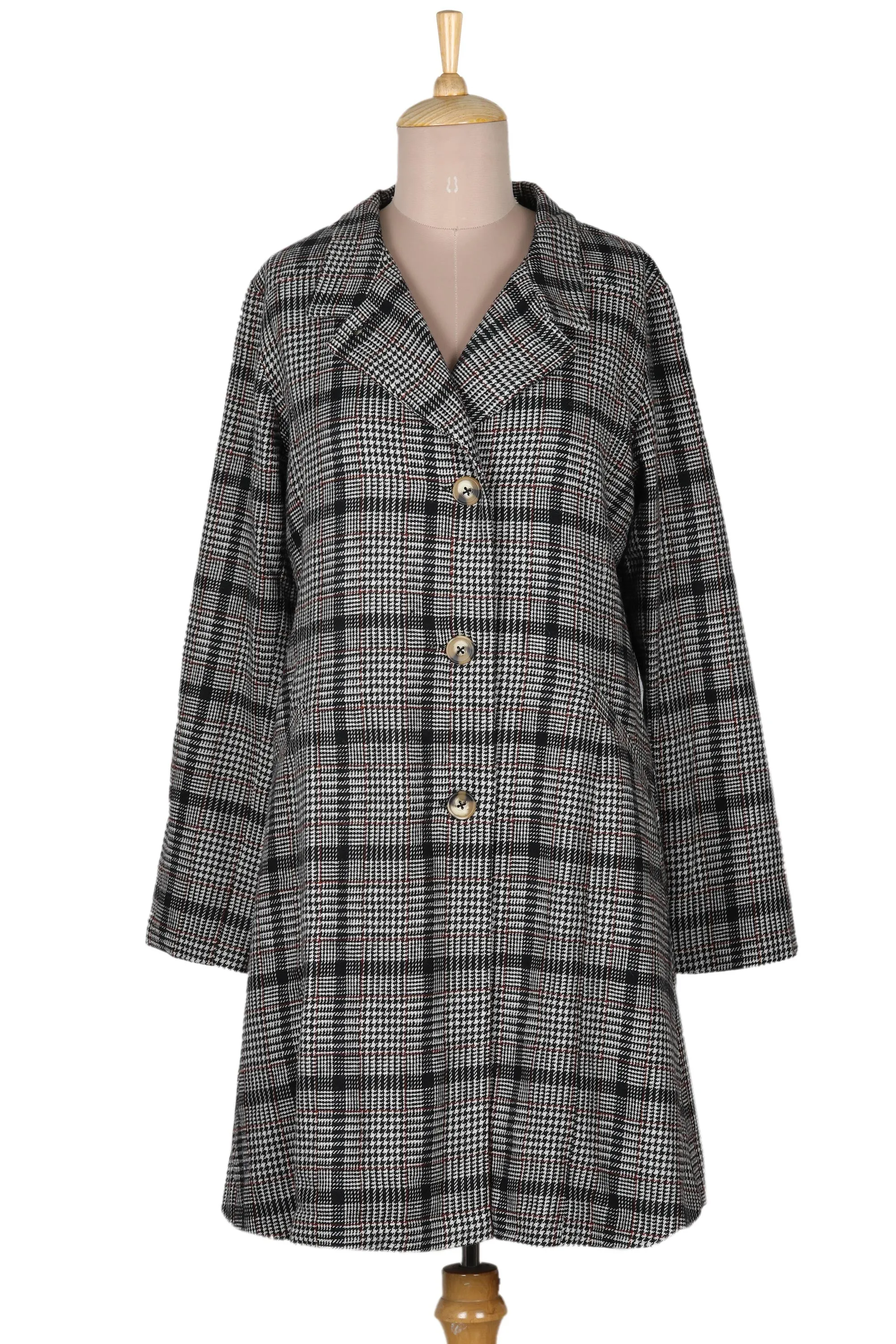 Black and White Glen Plaid Car Coat - Delhi Classic | NOVICA